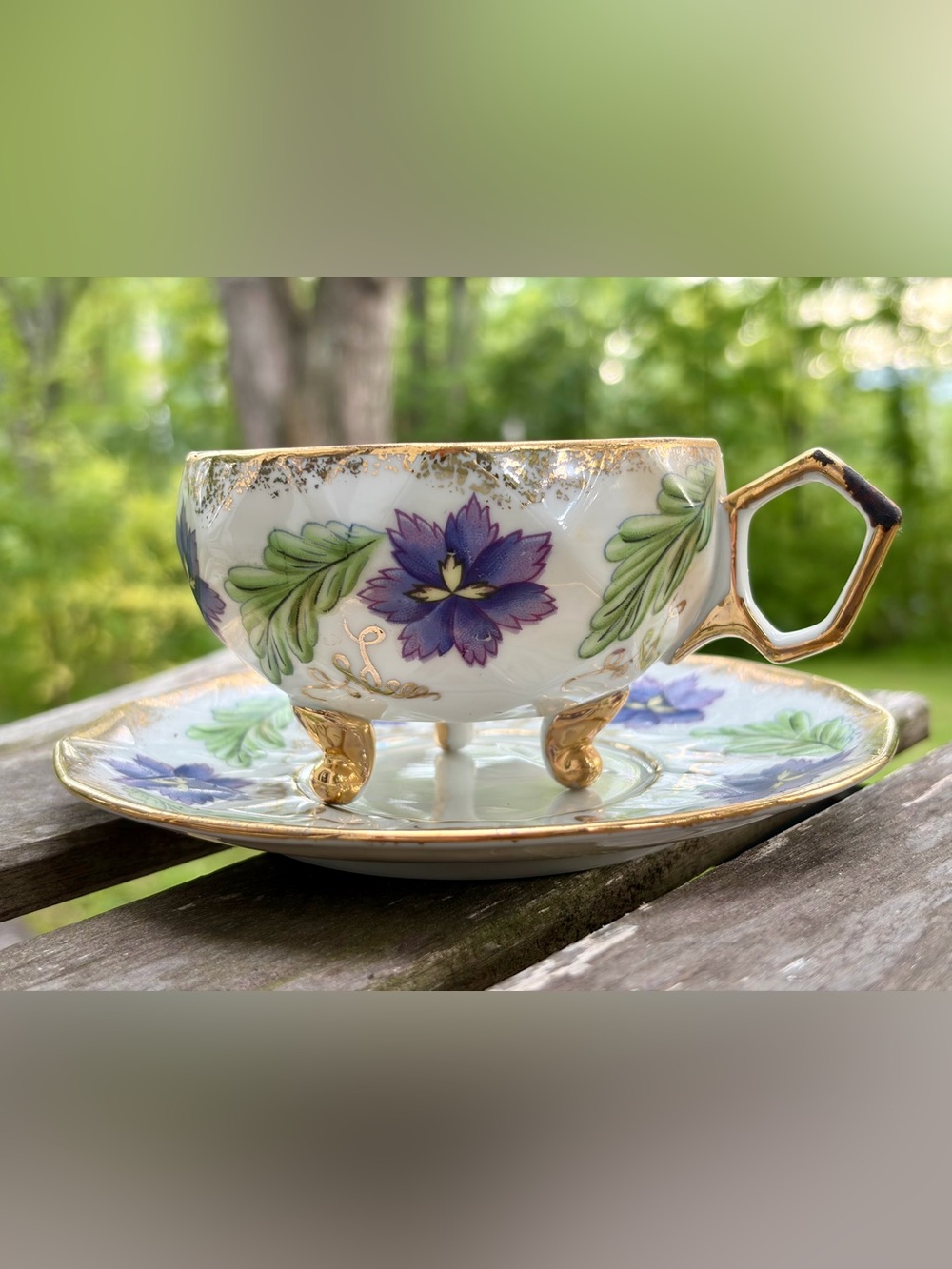 Japanese Tea Cup and Saucer by Shafford with Purple Flowers, 3  Footed Tea Cup